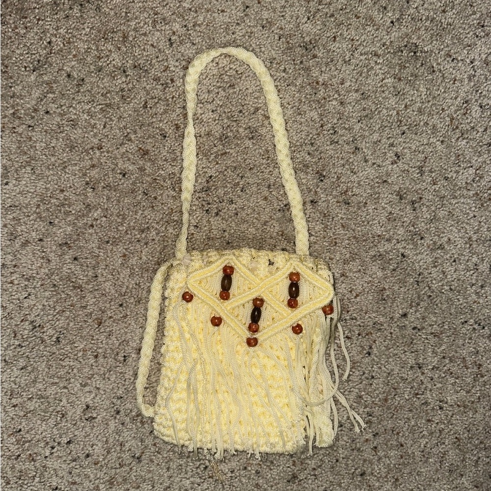 Cream Woven Shoulder Bag with Bead Accents